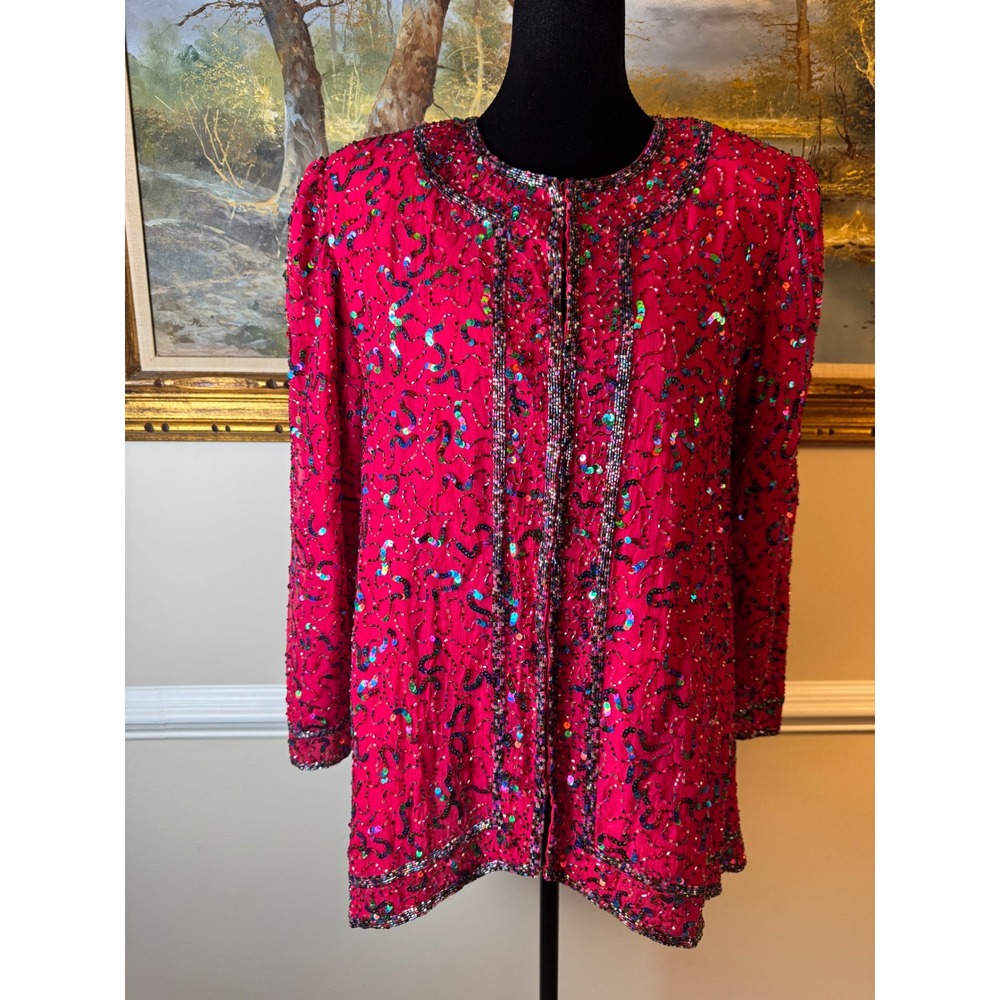 Vintage Pure Silk Beaded Sequin Evening Jacket Res Magenta Size S Gala Party